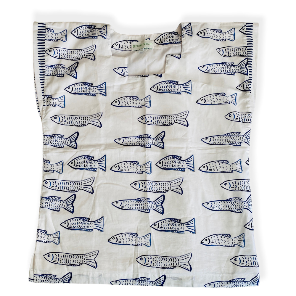 Fish Print Women's Blouse - White and Blue